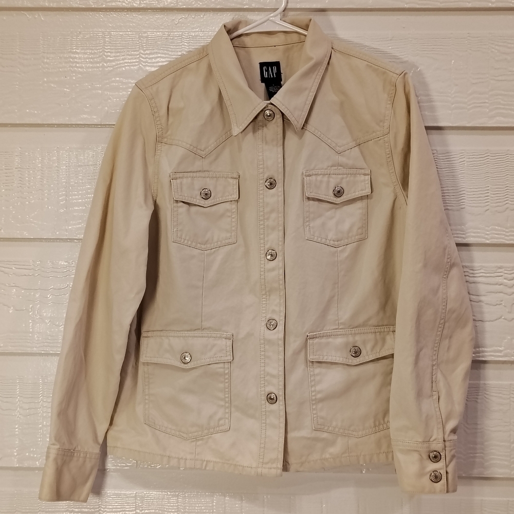 GAP Trucker Jacket‎ Women LG Beige Cotton Twill Utility Western Neutral Minimal